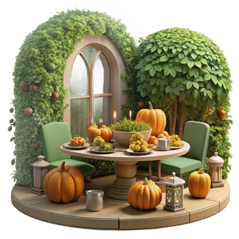 vibrant vintage Autumn Harvest Table Setting Cozy Outdoor Patio Scene exclusive png