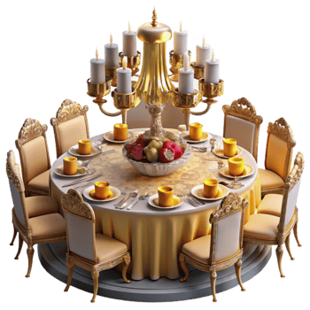Elegant Gold Table Setting with Fruit and Candles png