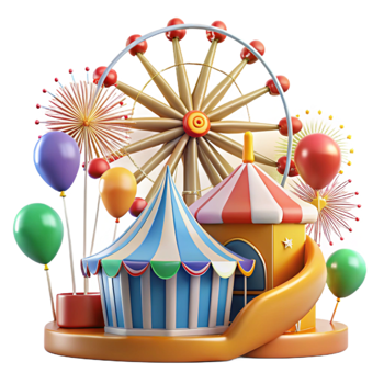 wonderful creative Carnival Fun Ferris Wheel, Tent, Balloons, and Fireworks detailed png