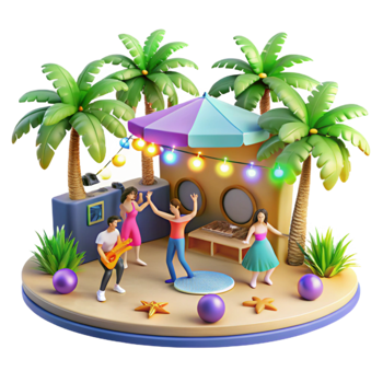 Tropical Beach Party Scene 3D Render of Summer Fun png