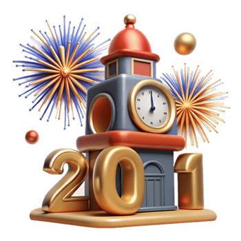serene creative 2021 New Year Clock Tower with Fireworks detailed png