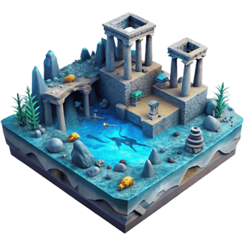 Submerged Temple Isometric 3D Render of Ancient Ruins png