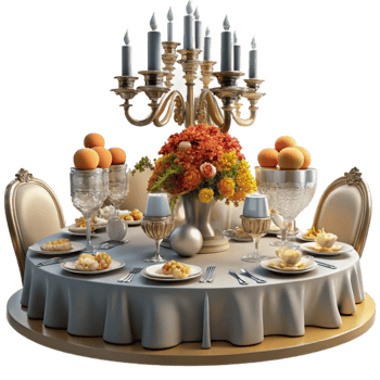 elegant classic Elegant Dinner Table Setting with Candelabra and Floral Arrangement authentic png