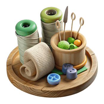 Sewing Kit on Wooden Tray Thread, Buttons, Pins png