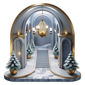 beautiful minimalist Elegant Winter Palace Festive Staircase Christmas Trees authentic png
