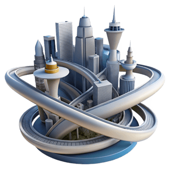 dramatic vintage Futuristic Cityscape Elevated Transportation Modern Architecture original png