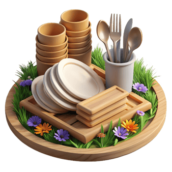 Wooden Tray with Plates, Cups, Cutlery Flowers png