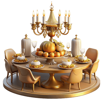 extraordinary minimalist Luxury Golden Table Setting with Fruit Candles premium png