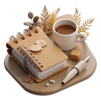 dramatic contemporary Cozy Coffee Break Notebook, Coffee, and Dried Flowers detailed png
