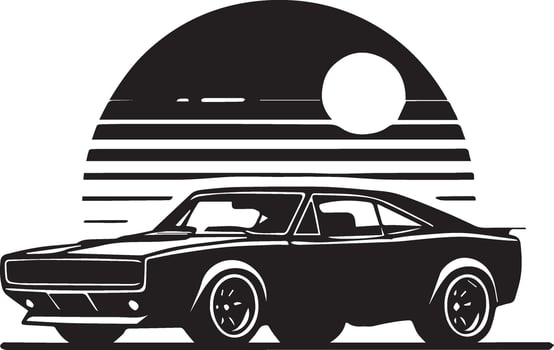 a black and white car with the sun in the background vector