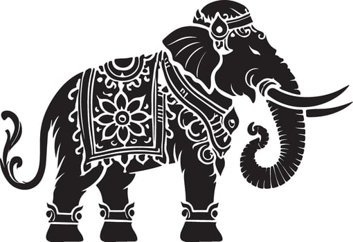 an elephant with ornate clothing is shown in black and white vector