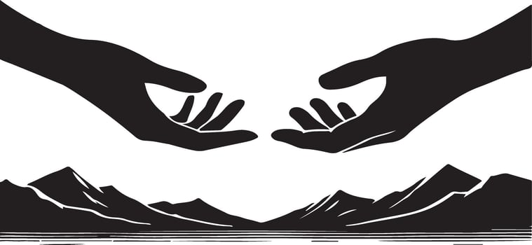 two hands reaching out to each other over a mountain range vector