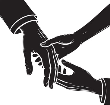 two hands reaching out to each other, black and white vector