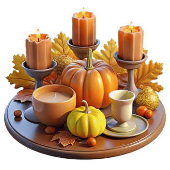vibrant contemporary Autumn Harvest Pumpkins, Candles, and Fall Leaves premium png