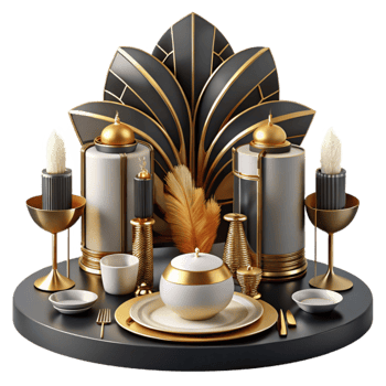 beautiful traditional Art Deco Table Setting Elegant Gold Black Dinnerware 4K png
