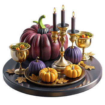 extraordinary vintage Autumn Harvest Table Decor Pumpkins, Candles, and Gold exclusive png