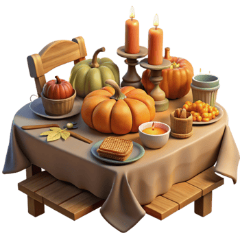 Autumn Harvest Table Setting Pumpkins, Candles, and Treats png