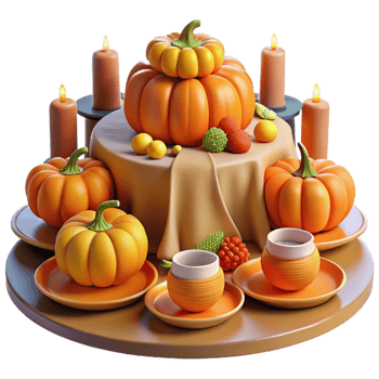 vibrant artistic Autumn Harvest Table Setting with Pumpkins and Candles exclusive png