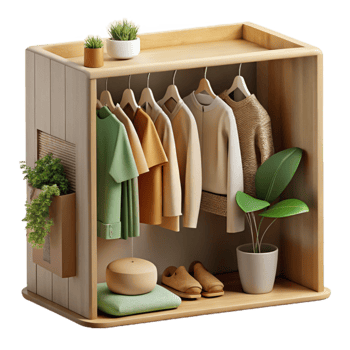 Minimalist Wooden Clothing Rack with Plants png