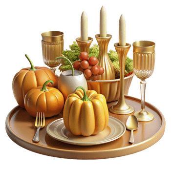 Autumn Harvest Table Setting Pumpkins, Candles, and Grapes png