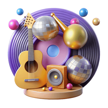 magnificent abstract Acoustic Guitar, Disco Balls, and Speaker A 3D Music Scene premium png