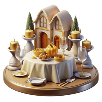vibrant modern Autumn Harvest Table Setting Candles, Pumpkins, and Festive Food premium png