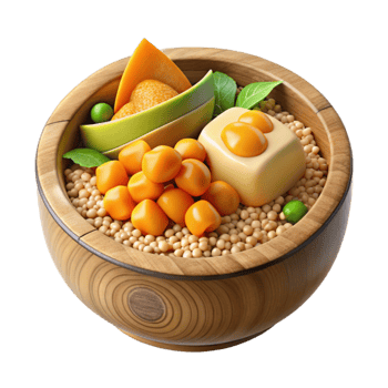 elegant classic Wooden Bowl of Soybeans, Melon, and Citrus authentic png