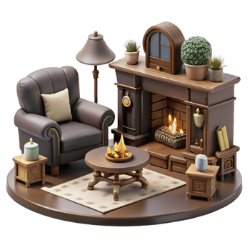 Cozy Fireplace Living Room 3D Render png