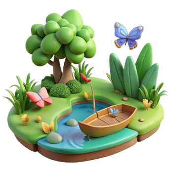 impressive classic Serene Pond, Butterflies, and Boat 3D Cartoon Island Scene high resolution png
