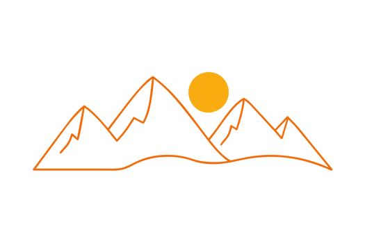 Minimalist yellow line art depicts a mountain range with a bright orange sun in the sky. cutouts png
