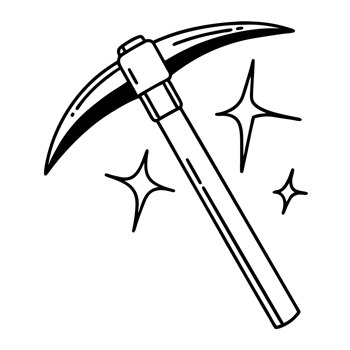 A black illustration depicts a pickaxe surrounded by sparkles, suggesting newness or a magical quality cutouts png