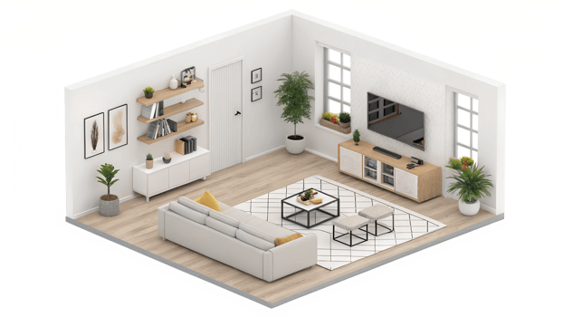 Modern living room design with stylish decor png