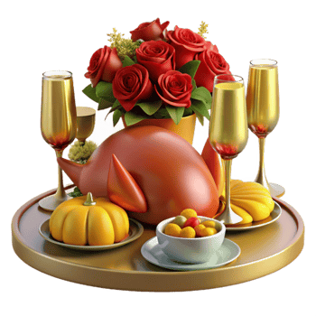 extraordinary vintage Autumn Feast Roasted Bird, Roses, Champagne original png