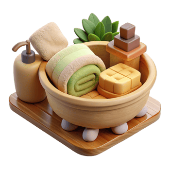 Relaxing Spa Day Wooden Tub, Towels, and Soaps png