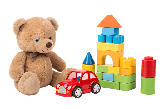 Colorful toys for imaginative play with soft bear png