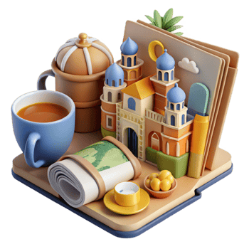 elegant classic Cozy Travel Tea, Map, and Fairytale Cityscape authentic png