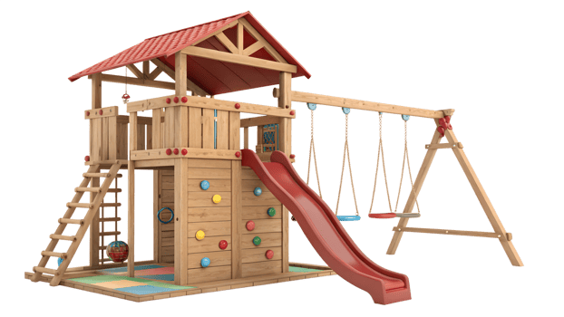 Wooden playhouse with slide and swings png