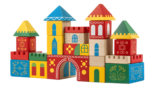 Colorful wooden block castle created by children png