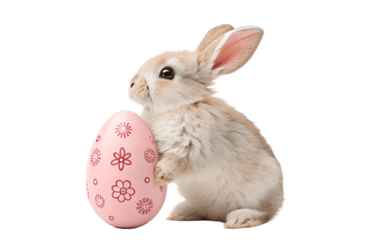 Cute bunny next to a pink decorated egg png