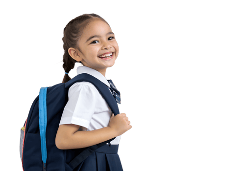 Happy school girl with backpack ready for class png