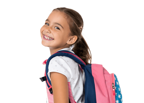 Smiling girl with a colorful backpack in studio png
