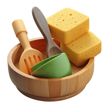 Wooden Bowl, Sponges, Utensils Childs Play Kitchen Set png