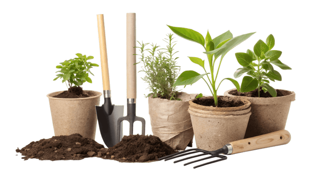 Gardening tools and plants arranged for planting png