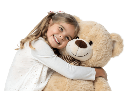 Little girl joyfully hugs her teddy bear friend png