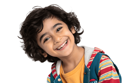 Curly haired child smiles in studio png
