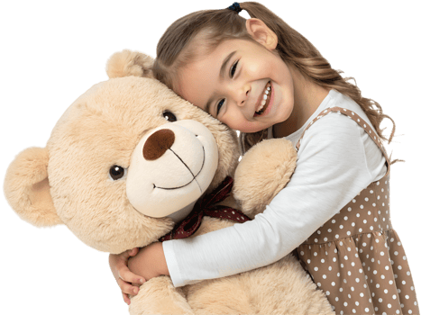 Young girl happily hugs her teddy bear friend png