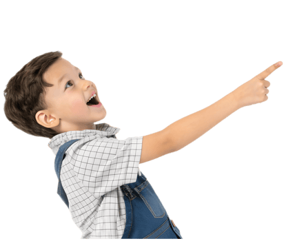 Young boy joyfully pointing at something above png