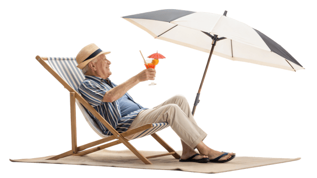 Relaxing elderly man enjoys a drink on the beach png