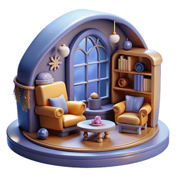 wonderful modern Cozy 3D Rendered Room Arch Window, Armchairs, Bookshelf 4K png