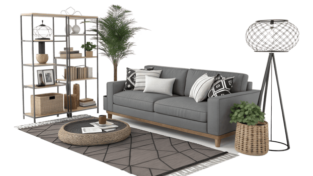 Cozy living room setup with stylish decor elements png